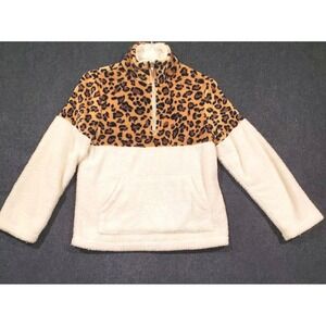 CDM  Women's Cheetah Print Fuzzy Fleece Jacket Size S  1/4 Zip Cream